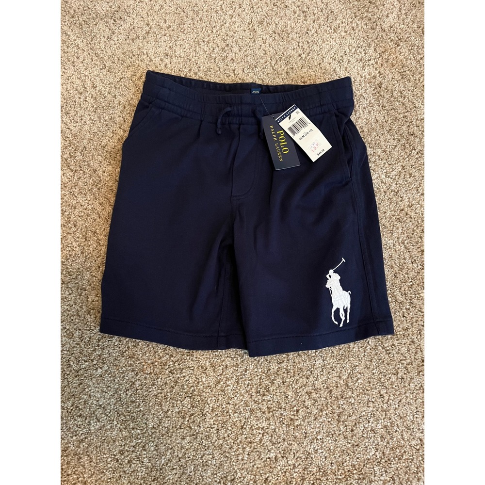Polo Ralph Lauren Boys Shorts M (10-12) Navy Blue Big Pony Fleece Drawstring NWT